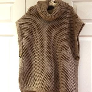 HOLT RENFREW 50% wool 50% Acrylic big button side poncho sweater in tan color